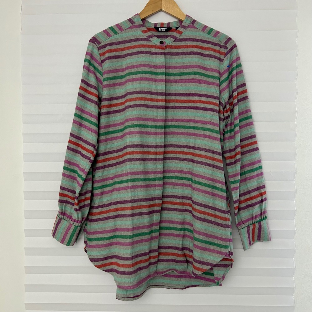 Lands End Women L14-16 Flannel Tunic Mandarin Collar Striped Cotton Shirt Pocket